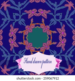 Circular seamless pattern of floral motif, colored branches, flowers, label on a background. Hand drawn.