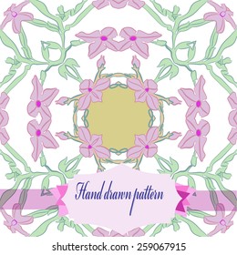 Circular seamless pattern of floral motif, colored branches, flowers, label on a background. Hand drawn.