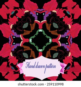 Circular seamless pattern of floral motif, label on a background. Hand drawn.