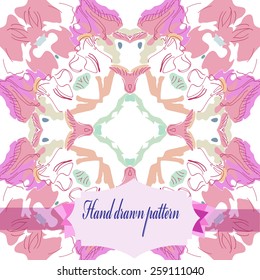 Circular seamless pattern of floral motif, label on a background. Hand drawn.