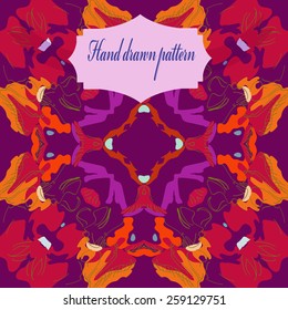 Circular seamless pattern of floral motif, label on a background. Hand drawn.