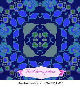 Circular seamless pattern of floral motif, branches, leaves, flowers, ellipses, label. Hand drawn.