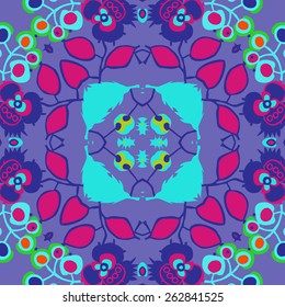 Circular seamless pattern of floral motif, branches, leaves, flowers, ellipses. Hand drawn.