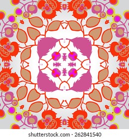 Circular seamless pattern of floral motif, branches, leaves, flowers, ellipses. Hand drawn.