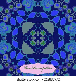 Circular seamless pattern of floral motif, branches, leaves, flowers, ellipses, label. Hand drawn.