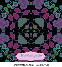 Circular seamless pattern of floral motif, branches, leaves, flowers, ellipses, label. Hand drawn.