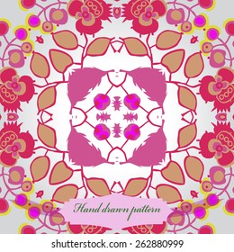 Circular seamless pattern of floral motif, branches, leaves, flowers, ellipses, label. Hand drawn.