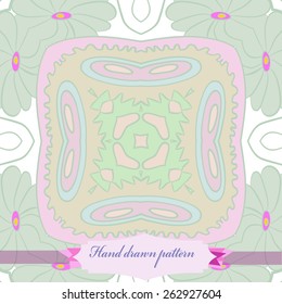 Circular seamless pattern of floral motif, flowers, ellipses, label. Hand drawn.