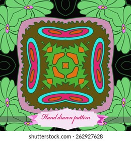 Circular seamless pattern of floral motif, flowers, ellipses, label. Hand drawn.