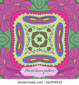 Circular seamless pattern of floral motif, flowers, ellipses, label. Hand drawn.