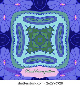 Circular seamless pattern of floral motif, flowers, ellipses, label. Hand drawn.