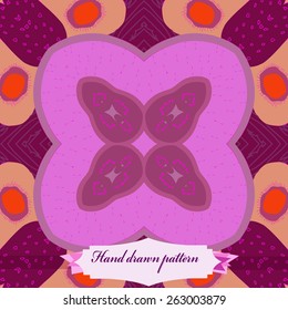 Circular seamless pattern of floral motif, ellipses, doodles, label. Hand drawn.