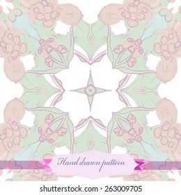 Circular seamless pattern of floral motif, flowers, star, ellipse, label. Hand drawn.