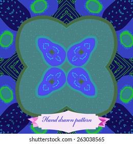Circular seamless pattern of floral motif, ellipses, doodles, label. Hand drawn.