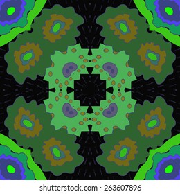 Circular seamless pattern of floral motif, flowers, ellipses. Hand drawn.