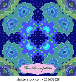 Circular seamless pattern of floral motif, flowers, ellipses, label. Hand drawn.