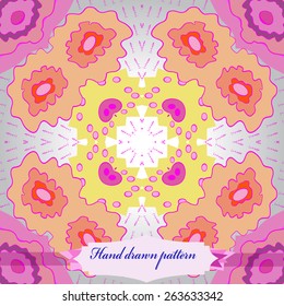 Circular seamless pattern of floral motif, flowers, ellipses, label. Hand drawn.