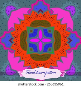Circular seamless pattern of floral motif, label. Hand drawn.