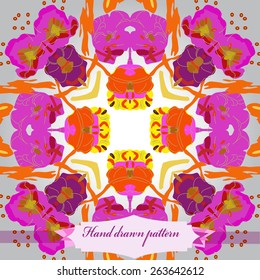 Circular seamless pattern of floral motif, tulips, ellipses, label.Hand drawn.