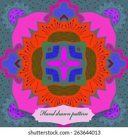 Circular seamless pattern of floral motif, label. Hand drawn.