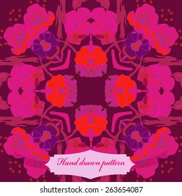 Circular seamless pattern of floral motif, tulips, ellipses, label.Hand drawn.