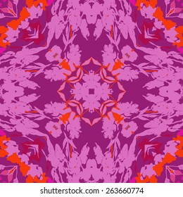 Circular seamless pattern of floral motif, flowers, branches, leaves. Hand drawn.