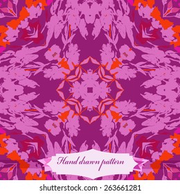 Circular seamless pattern of floral motif, flowers, branches, leaves, label. Hand drawn.