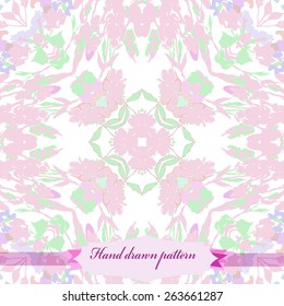 Circular seamless pattern of floral motif, flowers, branches, leaves, label. Hand drawn.