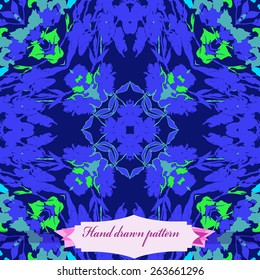 Circular seamless pattern of floral motif, flowers, branches, leaves, label. Hand drawn.
