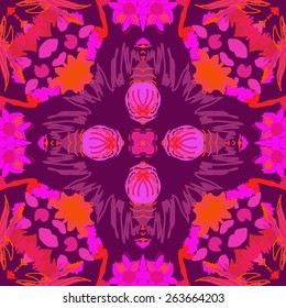 Circular seamless pattern of floral motif, leaves, ellipses. Hand drawn.