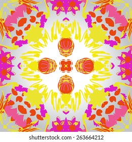 Circular seamless pattern of floral motif, leaves, ellipses. Hand drawn.