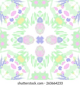 Circular seamless pattern of floral motif, leaves, ellipses. Hand drawn.