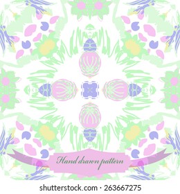 Circular seamless pattern of floral motif, leaves, ellipses, label. Hand drawn.