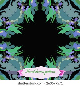 Circular seamless pattern of floral motif, leaves, label. Hand drawn.