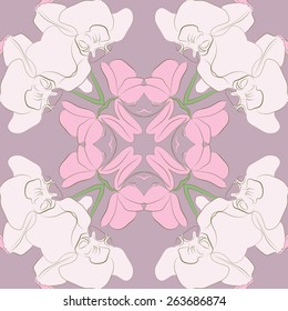Circular seamless pattern of floral motif, orchid flowers. Hand drawn.