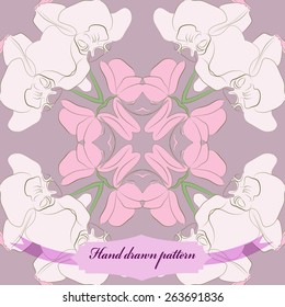 Circular seamless pattern of floral motif, orchid flowers, label. Hand drawn.