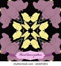 Circular seamless pattern of floral motif, orchid flowers, label. Hand drawn.