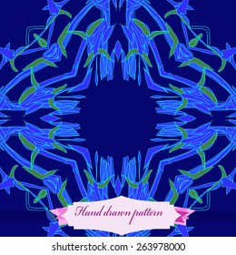 Circular seamless pattern of floral motif, leaves, label. Hand drawn.