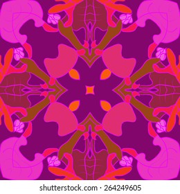 Circular seamless pattern of floral motif, branches, leaves. Hand drawn.