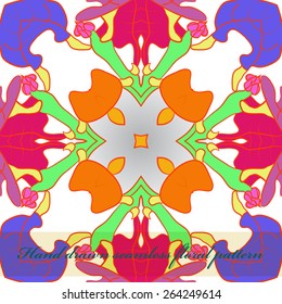 Circular seamless pattern of floral motif, branches, leaves, label. Hand drawn.