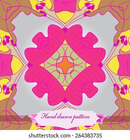 Circular seamless pattern of floral motif, branches, label. Hand drawn.