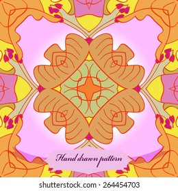 Circular seamless pattern of floral motif, branches, label. Hand drawn.