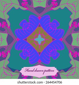 Circular seamless pattern of floral motif, branches, label. Hand drawn.