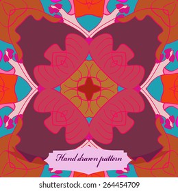 Circular seamless pattern of floral motif, branches, label. Hand drawn.