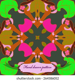 Circular seamless pattern of floral motif, branches, leaves, label. Hand drawn.