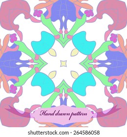 Circular seamless pattern of floral motif, branches, leaves, label. Hand drawn.