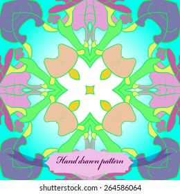 Circular seamless pattern of floral motif, branches, leaves, label. Hand drawn.