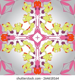 Circular seamless pattern of floral motif, flowers, leaves, star. Hand drawn.