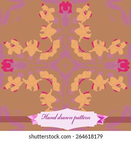 Circular seamless pattern of floral motif, flowers, leaves, star, label. Hand drawn.