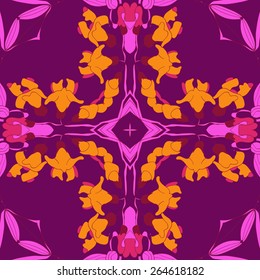 Circular seamless pattern of floral motif, flowers, leaves, star. Hand drawn.